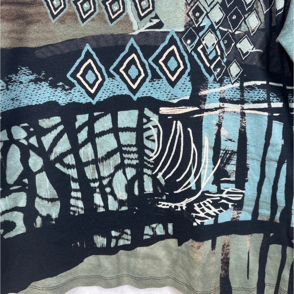 Vintage Y2K Katina Marie Abstract Rhinestone V-Neck Top XL USA Cotton Geometric - Picture 3 of 9
